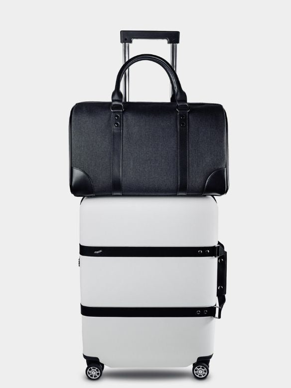 legacy c33 duffel bag black nylon weekender front paired with p55 carry- on white