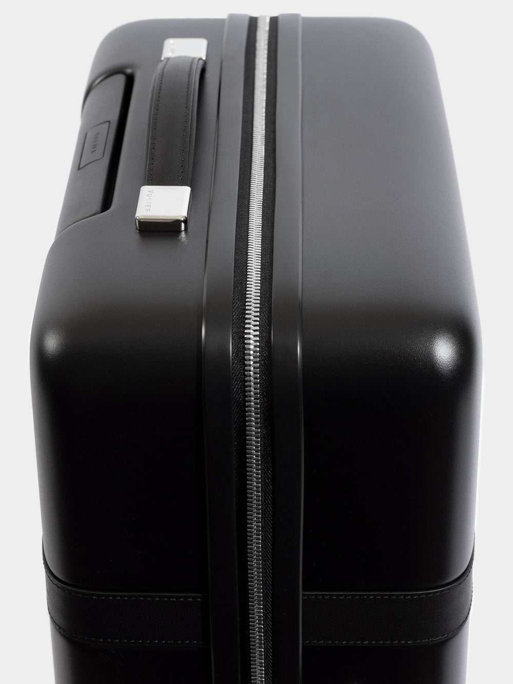 p55 carry-on luggage black side view zipper details